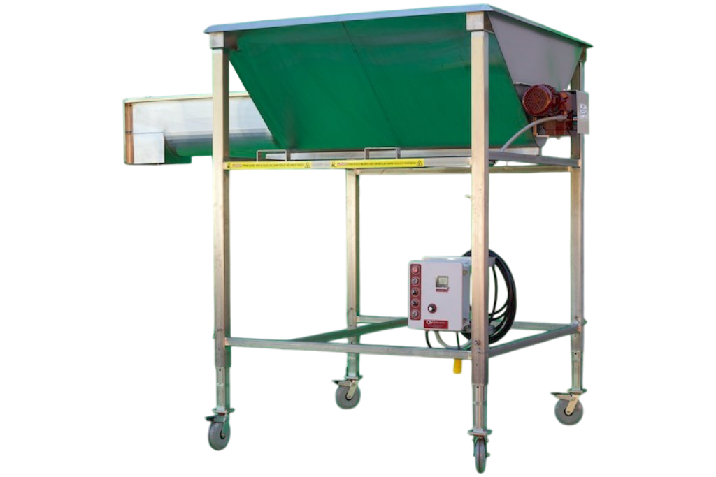 A stainless steel Receiving Hopper with a chute and four caster wheels. The hopper extends horizontally with a slanted chute above a catchment area. There is an attached control box on one side of the machine.