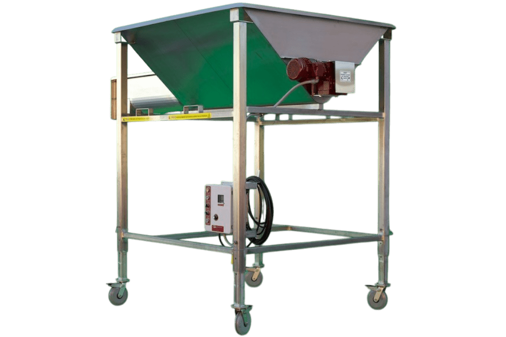 A stainless steel Receiving Hopper with a chute and four caster wheels. The hopper extends horizontally with a slanted chute above a catchment area. There is an attached control box on one side of the machine.