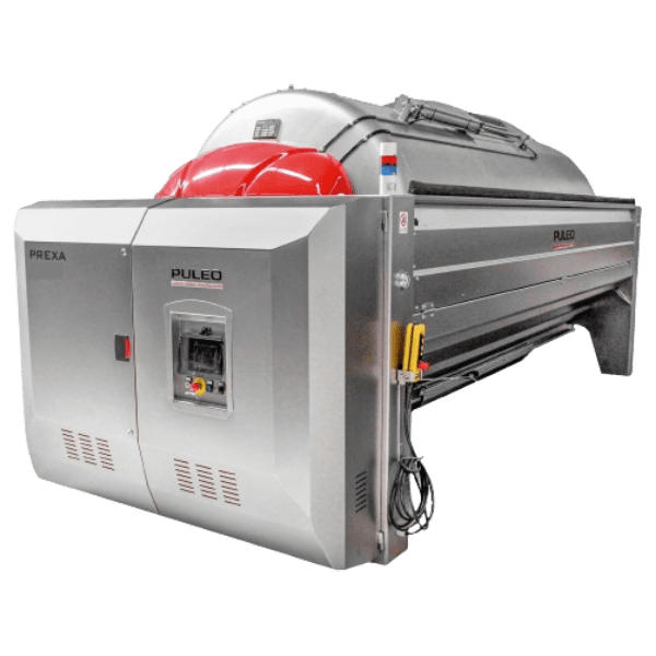 Introducing the Puleo SC-100 closed Tank Membrane Press—an industrial machine with a grey metal exterior. It is labeled "Puleo" and features a control panel equipped with buttons and switches. The device includes a large cylindrical section comprising red and grey components, likely used for processing or manufacturing purposes.