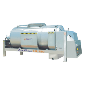 Image of a large, industrial stainless steel machine used for winemaking, branded "Puleo." The machine is labeled "SC-150 Closed Tank Membrane Press" and has a cylindrical shape with various attachments, control panels, and a safety warning sign on the side.