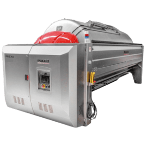 Image of a Puleo SC-70 Closed Tank Membrane Press. The device features a sleek, rectangular stainless steel body with a control panel on the front. A large, red cylindrical component is visible on top, extending to the back; designed for processing fruits and typically used in winemaking.