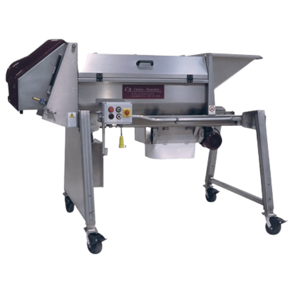 The Puleo Vega 15 Destemmer Crusher is a silver industrial machine featuring a hopper on one end and multiple control buttons on the side, all mounted on a wheeled frame for easy mobility. The setup appears to be designed for food processing or material handling applications.