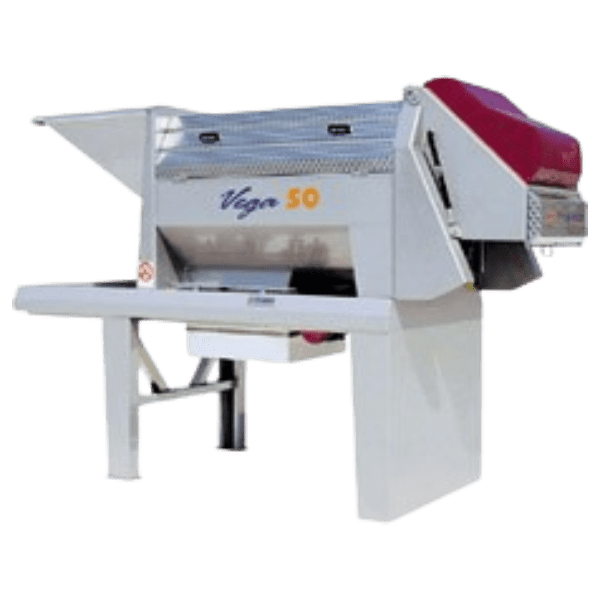 Image of a Puleo Vega 50 Destemmer Crusher designed for agricultural use. The device has a metallic body with a hopper at the top, an output conveyor belt on the side, and several control panels. The machine is primarily white with red accents.