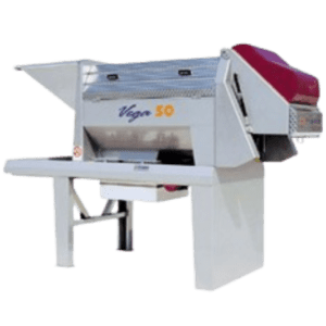 An image of the Puleo Vega 80 Destemmer Crusher, a modern grape destemmer machine. The machine boasts a large metal chute and an elongated structure tailored for winemaking grape processing. It features prominent intake hoppers and outlets designed to efficiently separate stems from grapes.