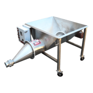 Introducing the Carlsen 220/320 Screw Sump: a silver industrial machine featuring a large funnel-shaped hopper, sturdy wheeled legs, and a control panel. This equipment is designed for processing or packaging materials, equipped with a wide top for input and a narrow lower outlet.