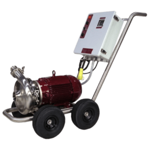 The Waukesha 2065HV/5 Wine Pump features a red motor and a silver pump mounted on a stainless steel trolley with four wheels. The trolley is equipped with a white control panel that includes multiple buttons and dials, all attached to a handle for easy maneuverability.