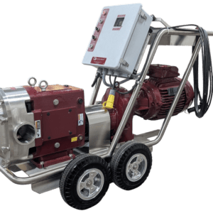The Carlsen 220 Wine & Must Pump is an industrial machine featuring a red and silver color scheme, mounted on a metal frame with four wheels. It includes a control panel on top with multiple buttons and switches, designed for mobility and heavy-duty operations.